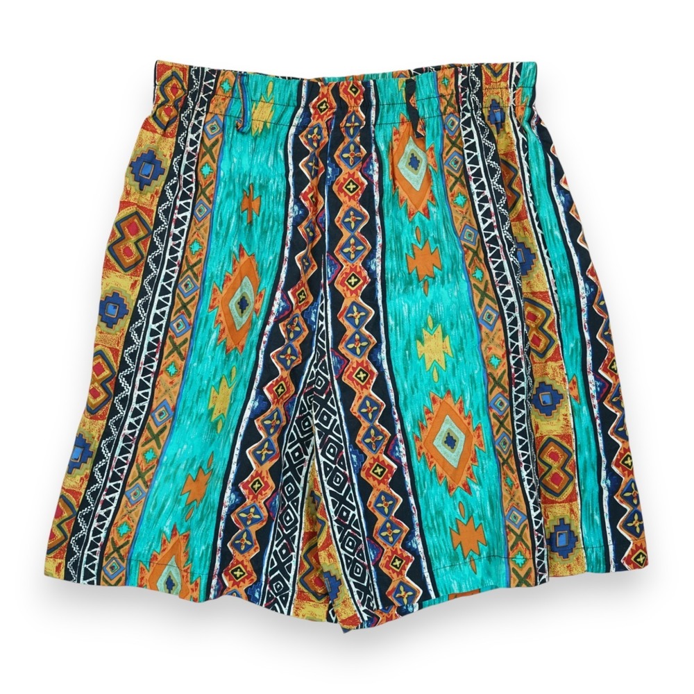 Vintage 90s Mirror Shorts Women's Geometric Pattern Elastic Waist 31" Medium